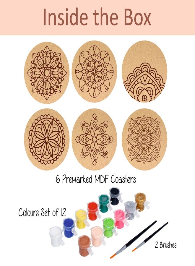 SVM CRAFT® Wooden Mandala Paint Kit Tea Coasters Art and Craft Kit, Colours, Painting Brush for Girls Boys 9-12 Years Coaster DIY Kit Set of 6 Beginner Kit - Image 2
